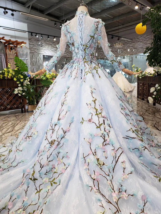 Stunning Light Blue Long Sleeve Wedding Dresses High Neck Quinceanera Dresses RS772