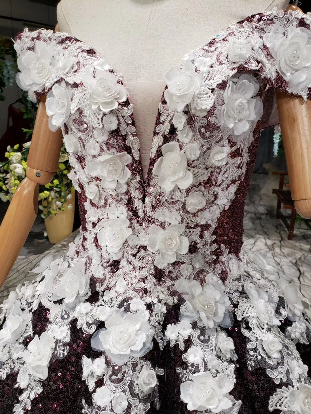 Ball Gown Off the Shoulder V Neck Satin Prom Dresses with Hand Made Flowers, Quinceanera Dress SRS15064