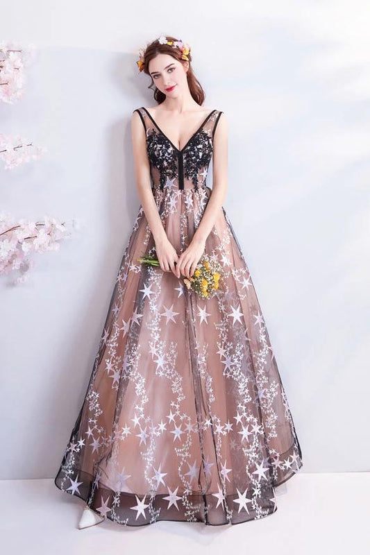 Princess A Line V Neck Applique Prom Dresses with Stars, Lace up Evening Dresses SRS15286