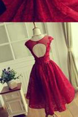Red Lace Short Modest Appliques Sleeveless Open Back Pretty Homecoming Dresses RS246
