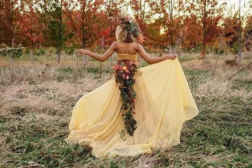 Chic Two Pieces Yellow Long Country Wedding Dresses With Lace, Cheap Prom Dresses SRS15508