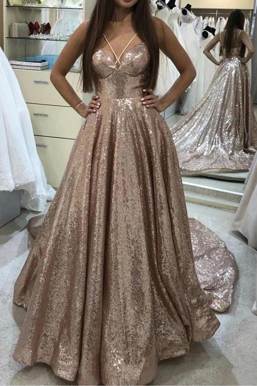 Puffy Sleeveless Sequined Court Train Prom Dress, Sparkly Sequin Evening Dresses SRS15312