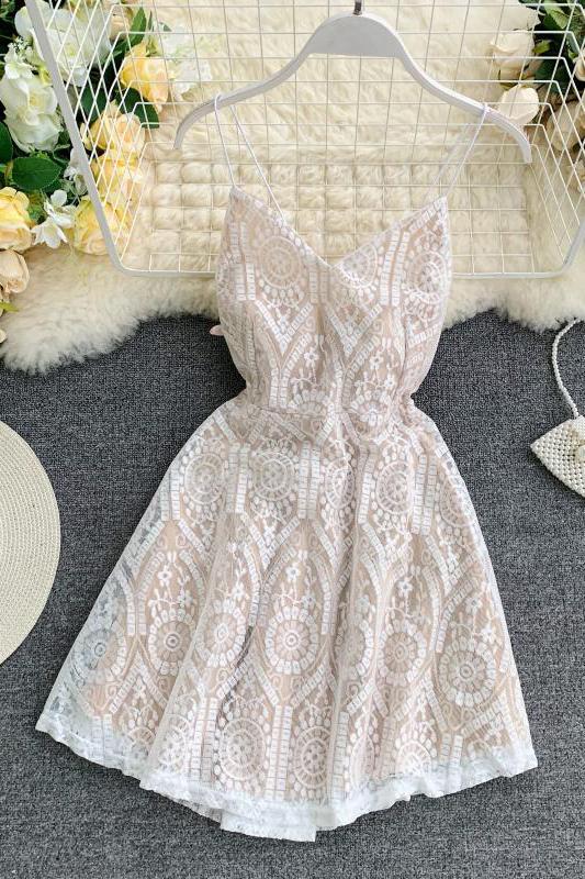 A Line Spaghetti Straps Lace V Neck Navy Blue Homecoming Dresses, Sweet 16 Dresses SRS15555