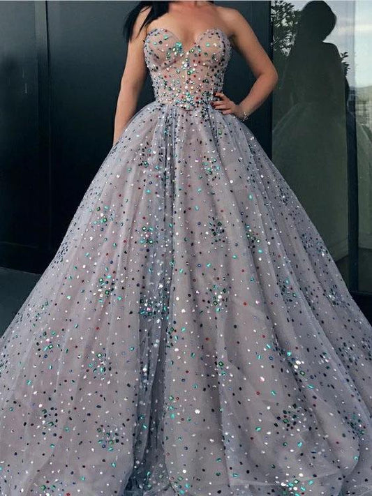 Princess Strapless Sweetheart Beads Ball Gown Rhinestone Prom Dress with Long Sparkly SRS15308