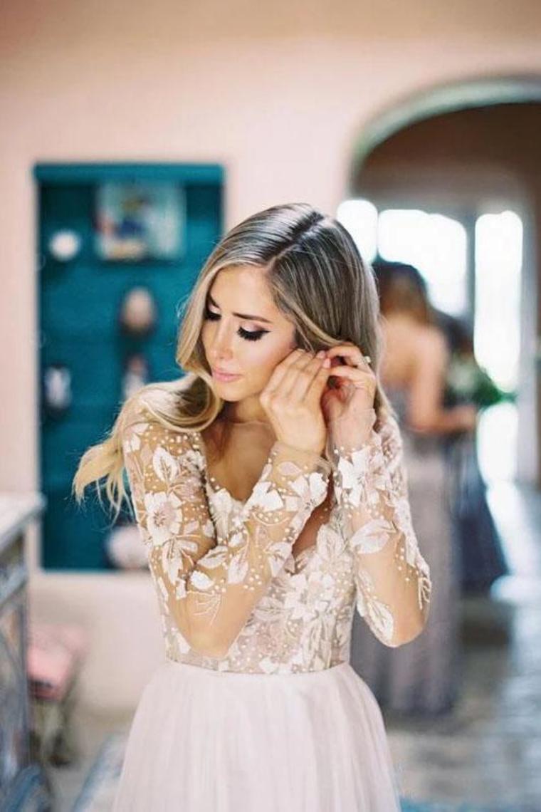 Chic A-Line Long Sleeves Lace Bodice See Through Wedding Dresses Backless Country Wedding SRSPY73AEE8