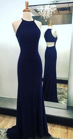 Sexy Navy Blue Long Chiffon Halter Mermaid Sleeveless Floor-Length Scoop Prom Dresses RS823