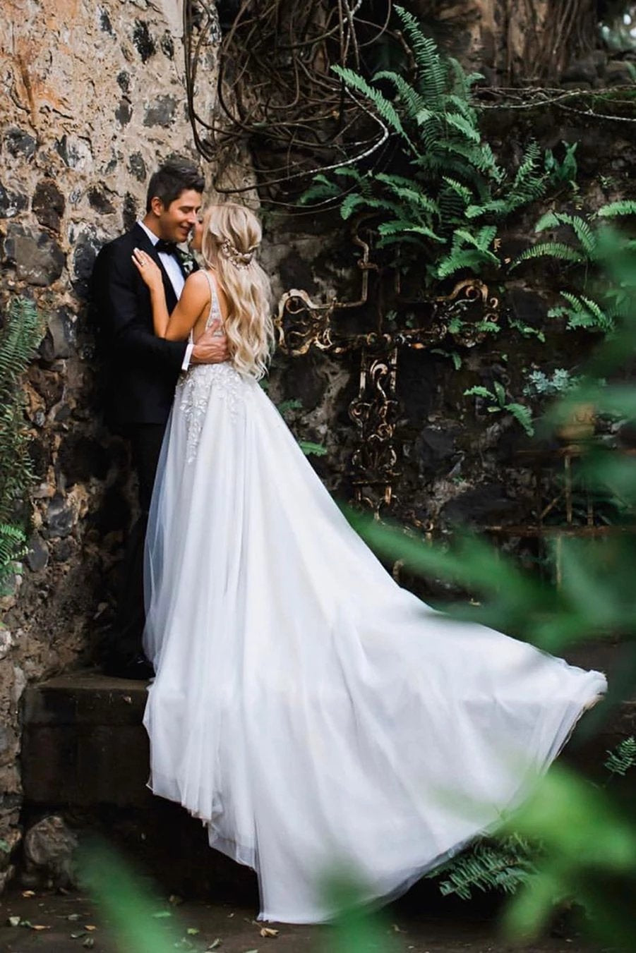 Elegant A Line Illusion Beads V Neck Tulle Long Backless Wedding Dresses, Prom Dresses SRS15510