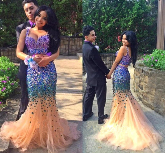 Sexy Elegant Mermaid Tulle Crystals Two Pieces V-Neck Luxurious Long Prom Dresses RS448