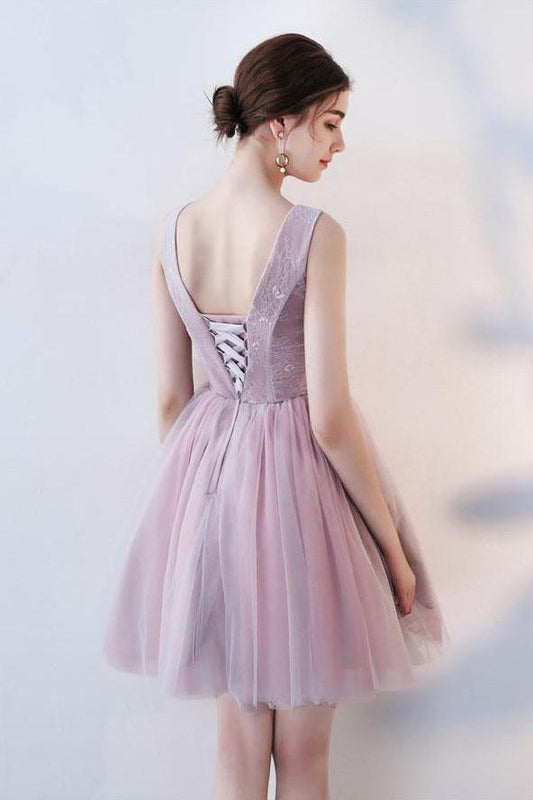 Princess Pink A Line V Neck Flowers Tulle Lace up Short Mini Homecoming Dresses RS877