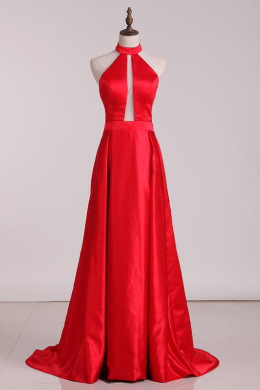 New Arrival Halter A Line Evening Dresses Satin Sweep SRSPXRSZSBM