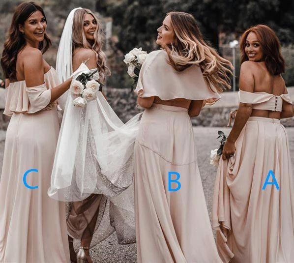 A Line Off the Shoulder Chiffon Cheap Two Pieces Backless Bridesmaid Dresses SRS15492