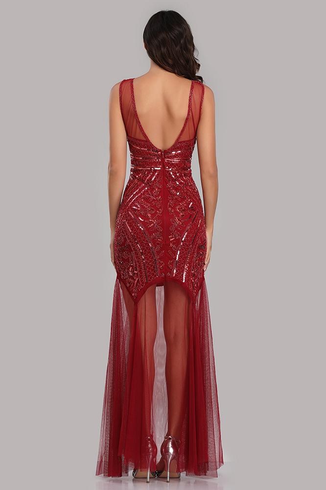 See Through Burgundy Mermaid Bateau Prom Dresses with Beading Tulle Party Dresses SRS15324