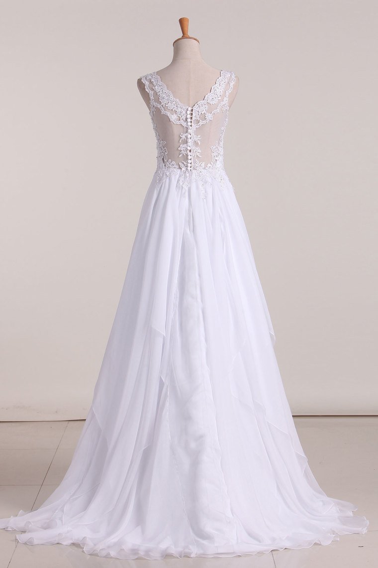2024 A Line Straps With Applique Wedding Dresses Chiffon Sweep Train