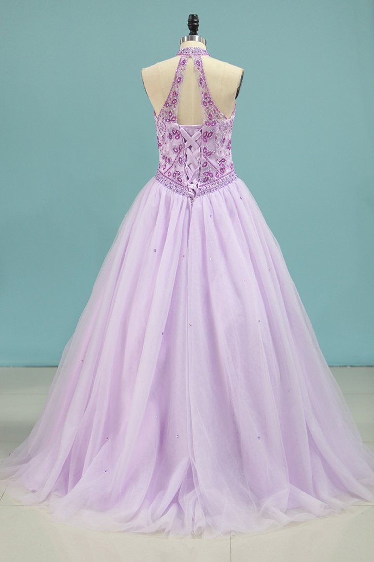2024 High Neck Quinceanera Dresses Ball Gown With Beading Court Train