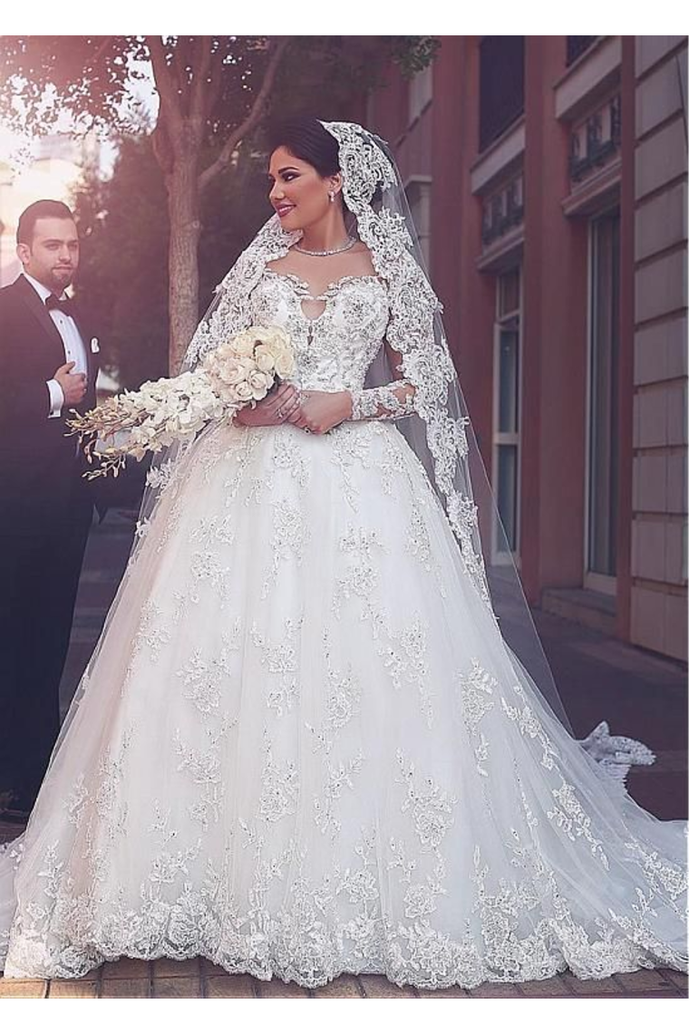 A Line Round Neck Tulle Wedding Dresses With Appliques Wedding SRSPYP3F2BA