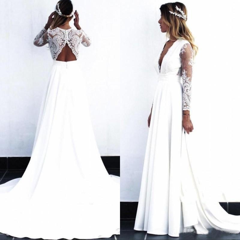 Charming White V Neck Long Sleeves Satin Wedding Dresses, Long Cheap Bridal Dresses SRS15507