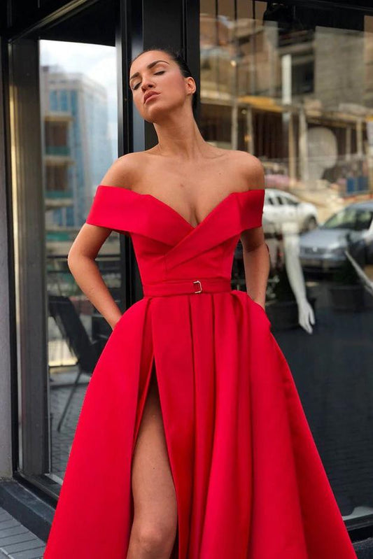 Off the Shoulder Red Satin V Neck Long Prom Dresses, High Slit Party Dresses with Pockets SRS15271