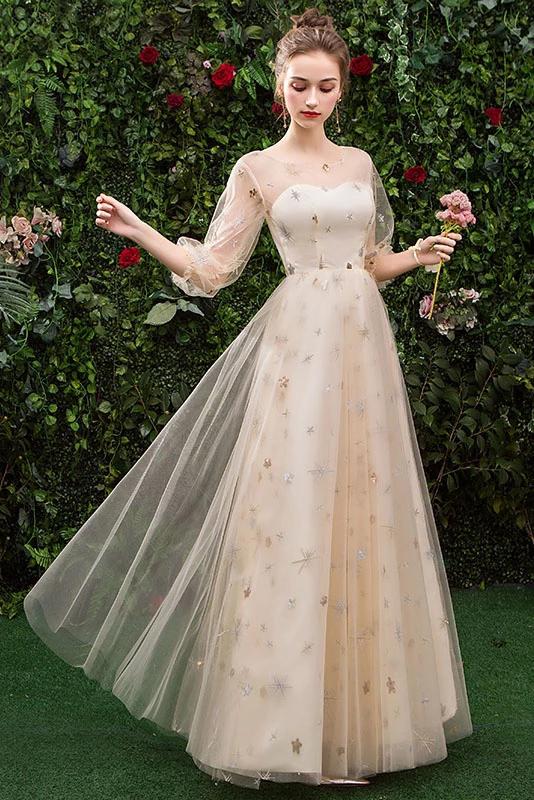 Princess A Line Long Sleeve Tulle Round Neck Evening Dress with Appliques, Prom Gowns SRS15283