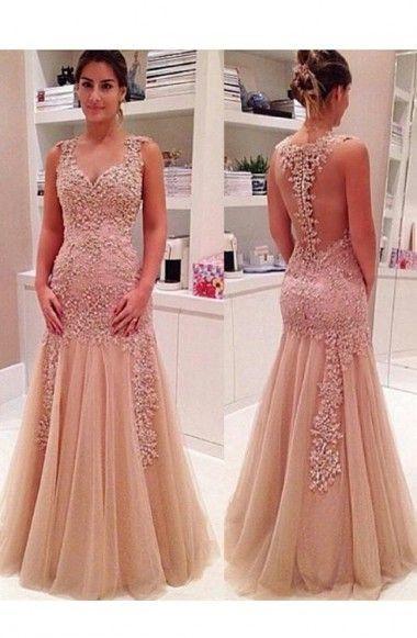 Sexy Mermaid V Neck Champagne Backless Long Prom Dresses RS645
