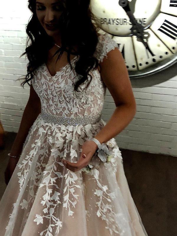 A Line Cheap Nude Quinceanera Dress Lace Appliques Cap Sleeve Beaded Prom Dresses RS238