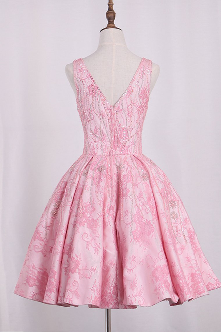2024 V Neck Lace A Line Homecoming Dresses With Beading Above Knee Length