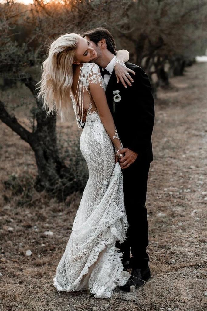 Illusion Long Sleeves Special Lace Floral Appliques Wedding Dress with Sweep SRS15649