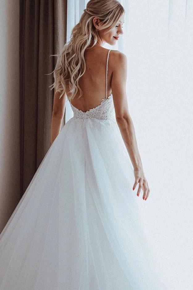 Elegant Tulle Spaghetti Straps V Neck Beaded Appliqued A-line Wedding Dresses SRS15208