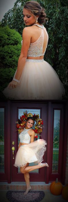 Sparkle Two Pieces Halter Open Back Pink Sleeveless Beads Tulle Homecoming Dress RS952