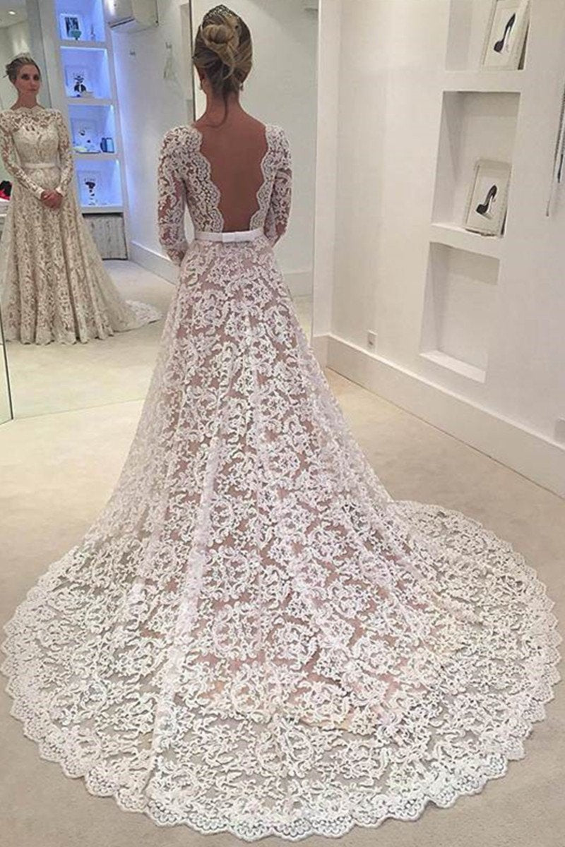 A-Line Backless Bowknot Scalloped Ivory Long Sleeve Backless Lace Wedding Dresses RS330