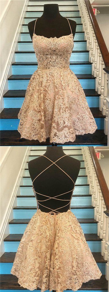 Unique Spaghetti Straps Crisscross Back A-Line Lace Kylie Homecoming Dresses Short Gold CD04