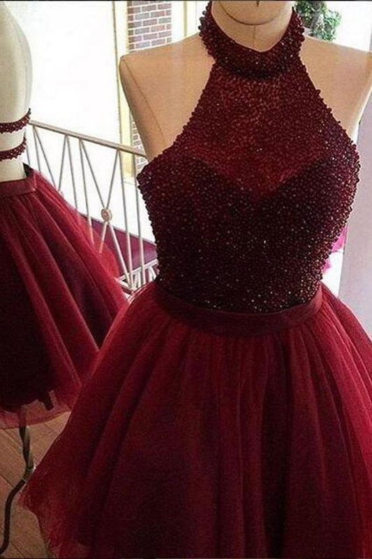 Burgundy Halter Party A Line Naomi Homecoming Dresses Dress CD101