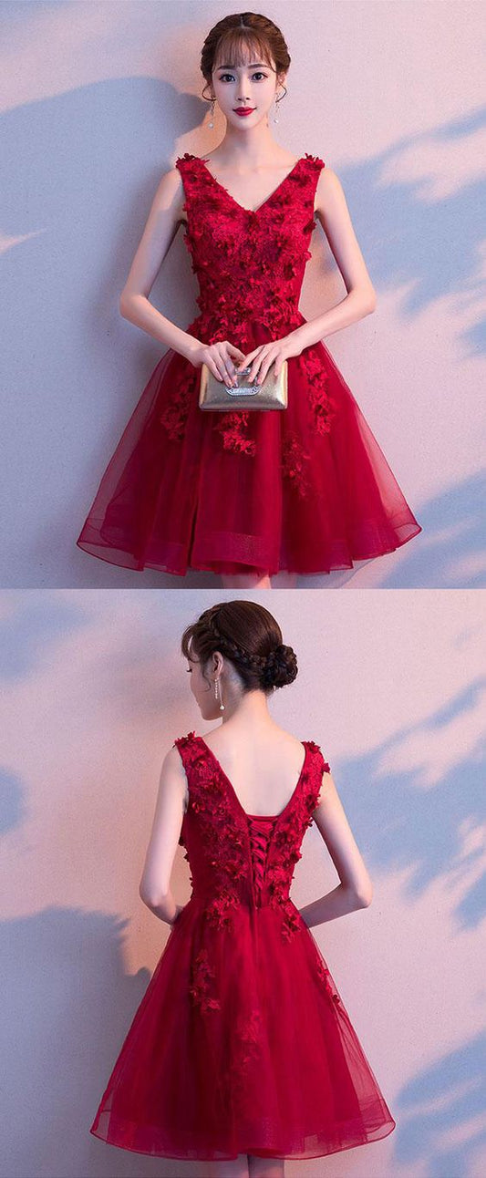 Burgundy V Homecoming Dresses Helga Lace Neck Tulle Short Burgundy CD1040