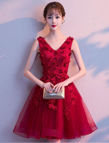 Burgundy V Homecoming Dresses Helga Lace Neck Tulle Short Burgundy CD1040