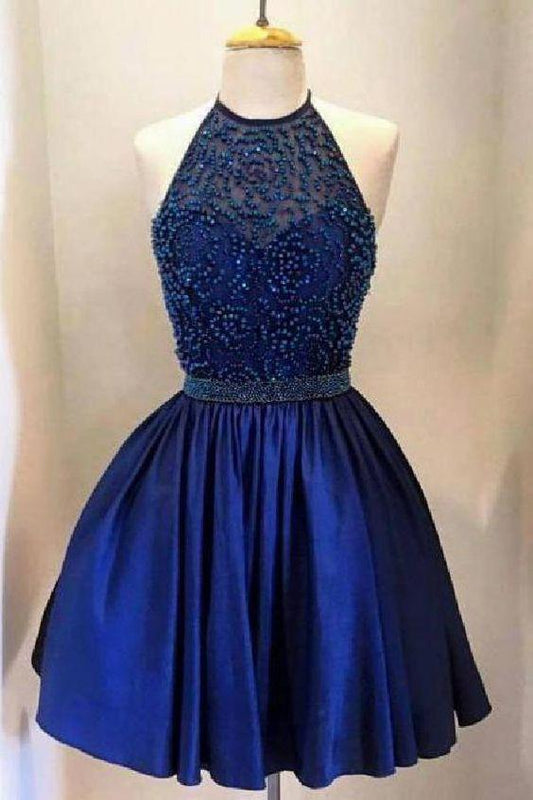 Luxurious Madyson Royal Blue Homecoming Dresses Backless Beaded Halter CD110
