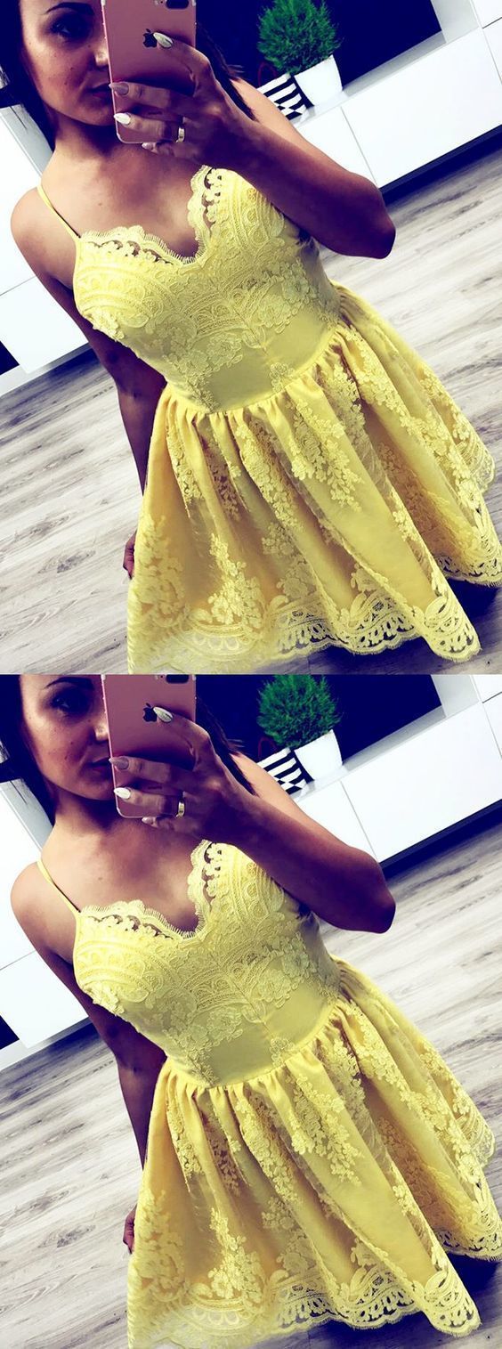 Lace Homecoming Dresses Destiney Yellow Short Simple Short CD1100