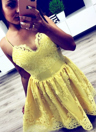 Lace Homecoming Dresses Destiney Yellow Short Simple Short CD1100