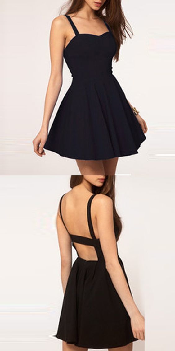 Simple A-Line Spaghetti Straps Backless Cocktail Alena Homecoming Dresses Black Short Sexy Dress CD1102