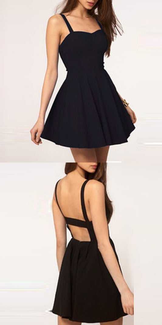 Simple A-Line Spaghetti Straps Backless Cocktail Alena Homecoming Dresses Black Short Sexy Dress CD1102