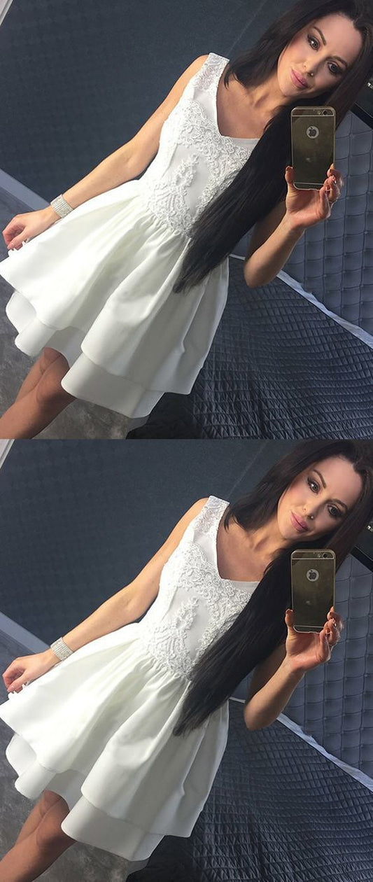 A-Line V-Neck Short With Pleats Homecoming Dresses Ivory Satin Lace Summer Simple CD1110