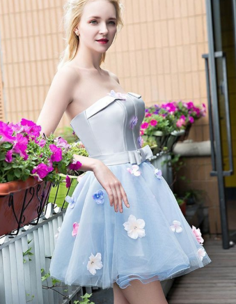 Homecoming Dresses Saige A-Line Strapless Short Light Blue Tulle With Flowers Simple CD1111