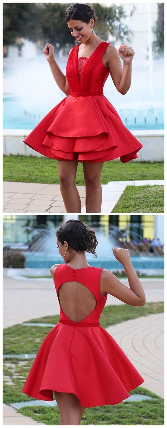 Red Short Dress With Open Back Homecoming Dresses Magdalena Cocktail Simple CD1113