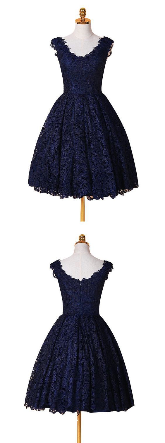 A-Line V-Neck Blue Simple Lace Homecoming Dresses Charlee CD1115