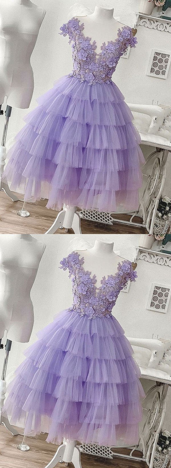 Camryn Homecoming Dresses Purple Tulle Appliqu茅 Short CD1123