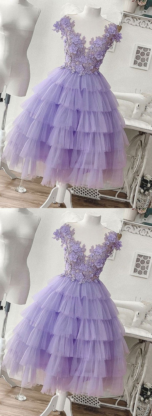 Camryn Homecoming Dresses Purple Tulle Appliqu茅 Short CD1123