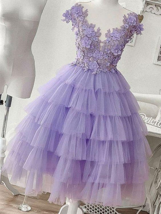 Camryn Homecoming Dresses Purple Tulle Appliqu茅 Short CD1123