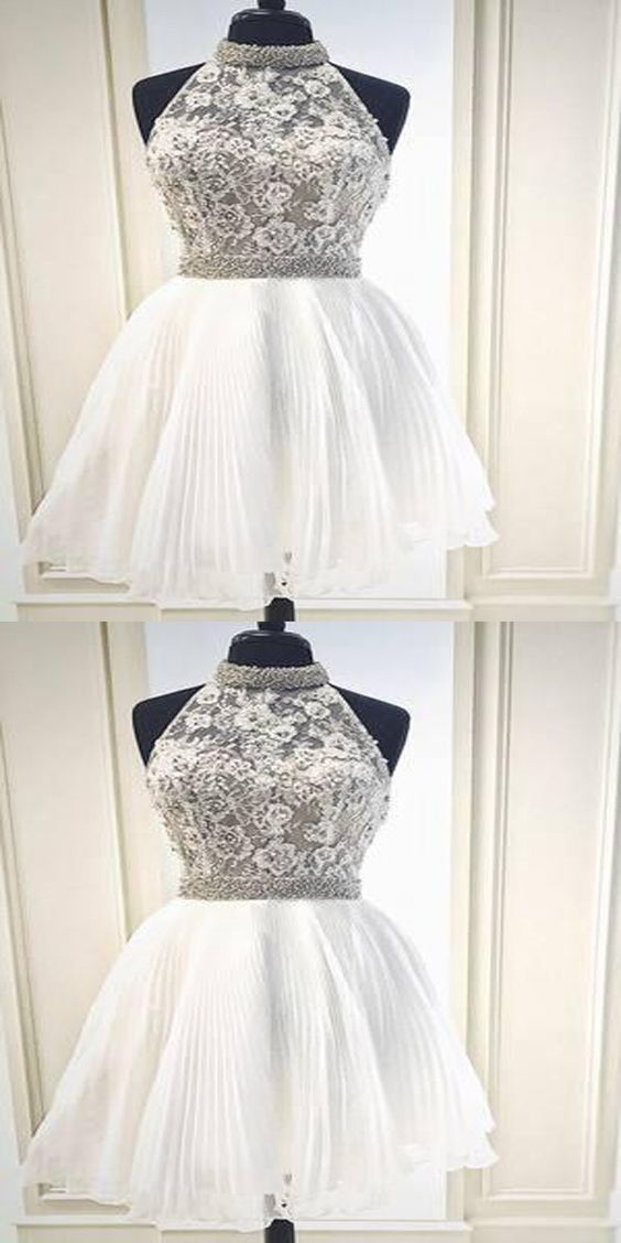 Lace Homecoming Dresses Kinsley New Arrival Halter White Short With &Beading Cheap Simple CD1157