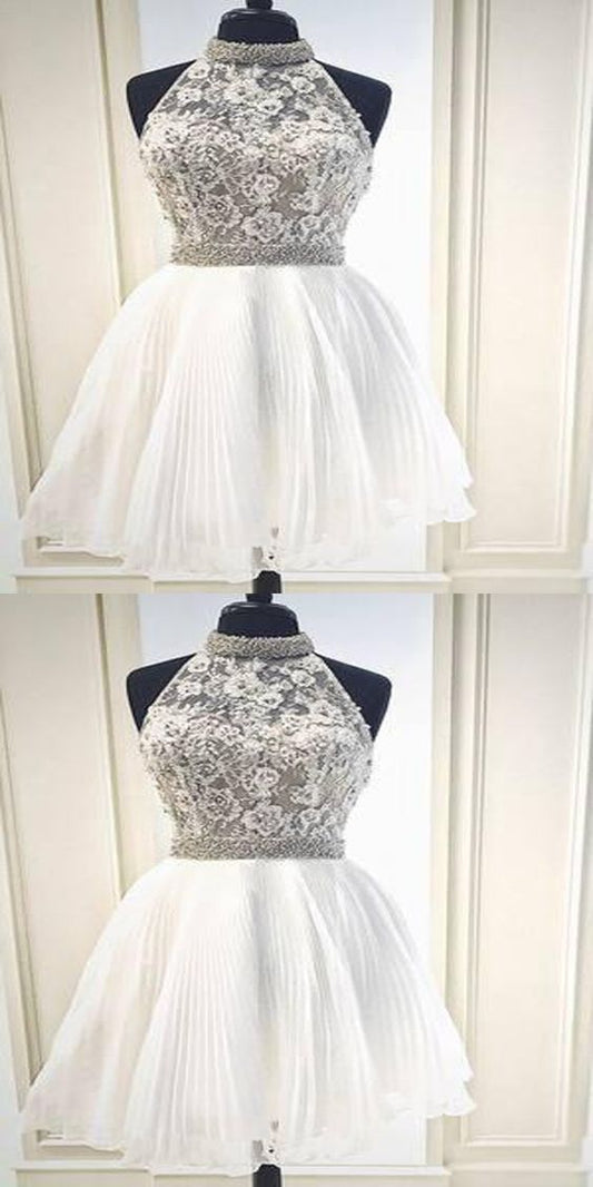 Lace Homecoming Dresses Kinsley New Arrival Halter White Short With &Beading Cheap Simple CD1157