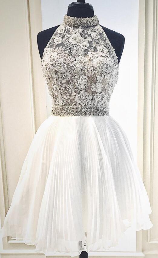 Lace Homecoming Dresses Kinsley New Arrival Halter White Short With &Beading Cheap Simple CD1157