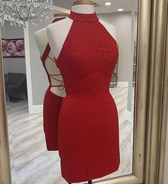 High Collar Rhinestone Red Paige Homecoming Dresses CD11949