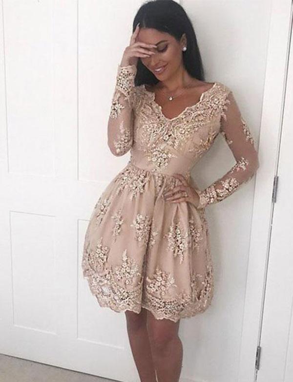 V Neck Champagne Short With Appliques Cute Rosalyn Homecoming Dresses Lace CD12